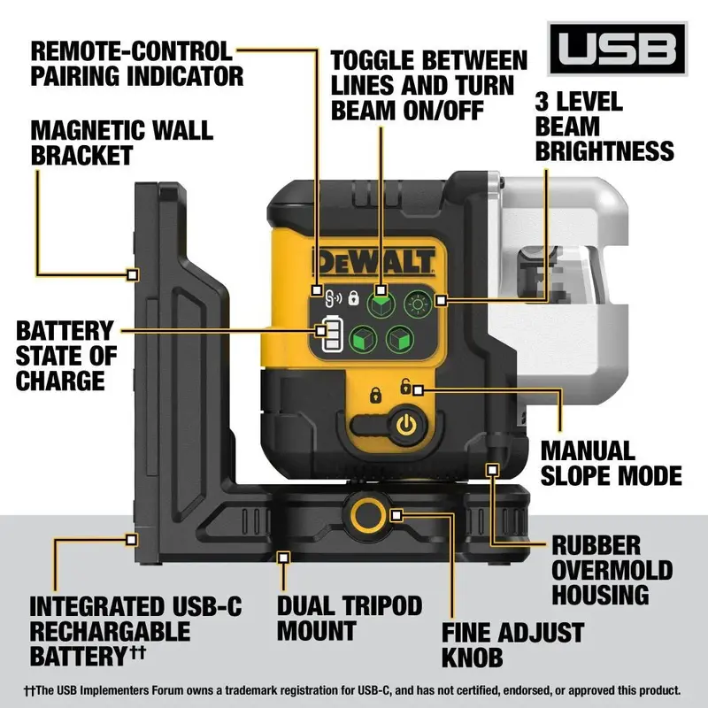 Dewalt Dcle14301Gb Green 3-Plane 180° Usb-Rechargeable Line Laser Kit With Precision Layout Base 1