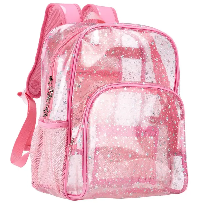 Glitter-Finish Clear Backpack | Pink Kawaii School & College Bag 1