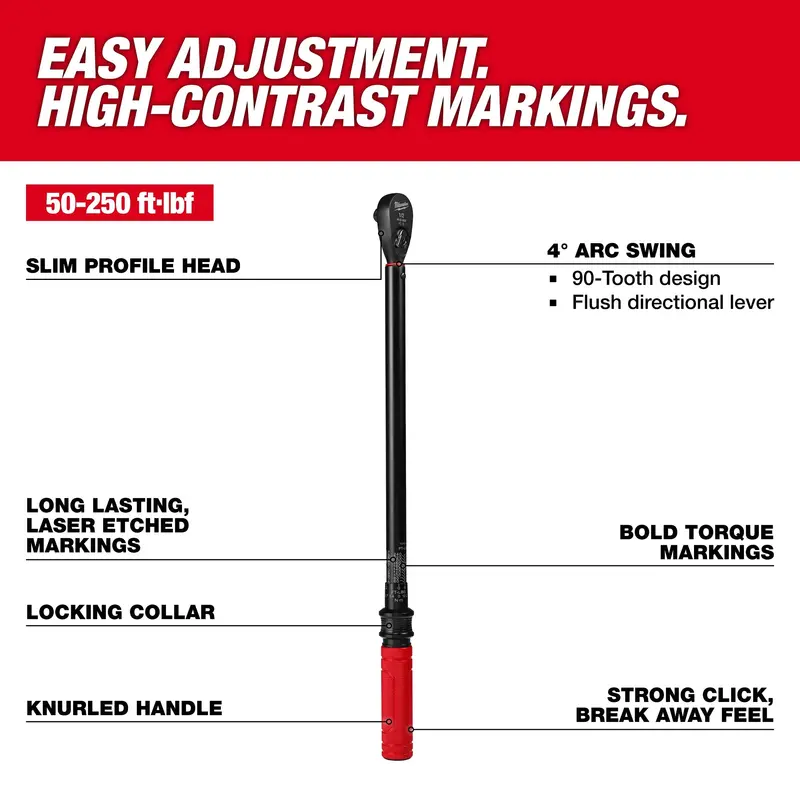 Milwaukee 1/2-Inch Drive Click-Type Torque Wrench – 50–250 Ft-Lbs Range (48-22-9203) 1