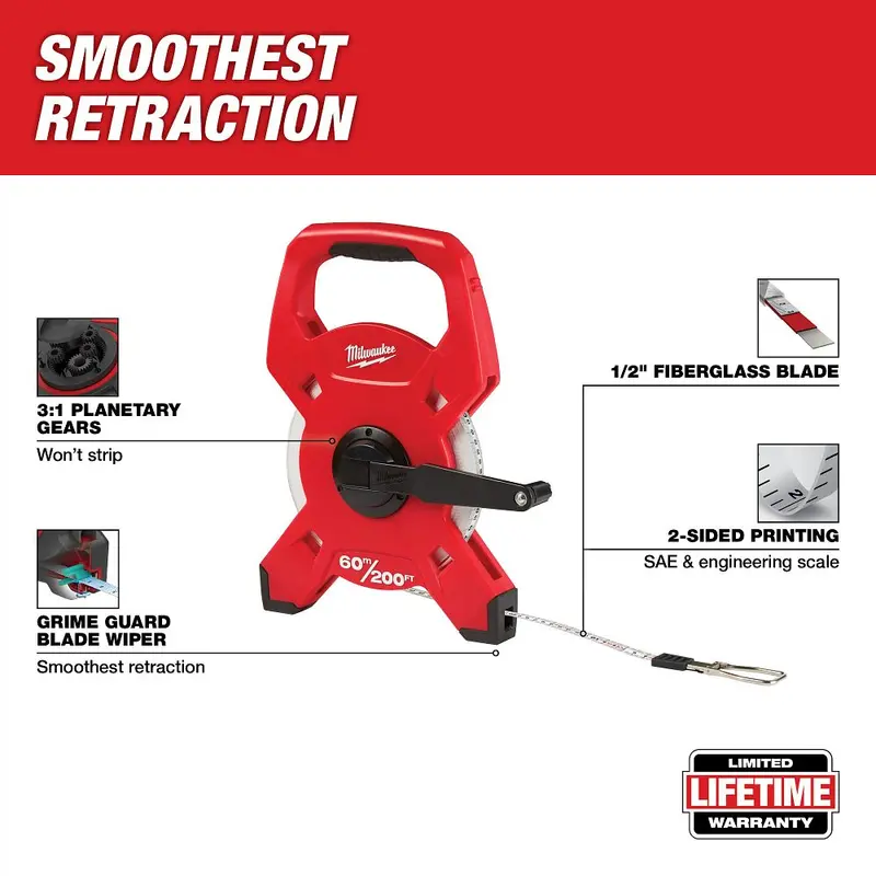 Milwaukee 200-Foot Fiberglass Open-Reel Long Tape Measure – 48-22-5360 1