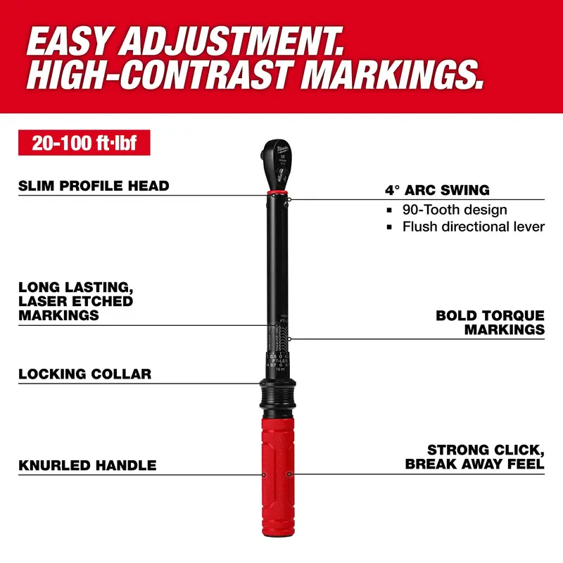 Milwaukee 3/8-Inch Drive Click-Type Torque Wrench – 20–100 Ft-Lbs Range (48-22-9202) 1