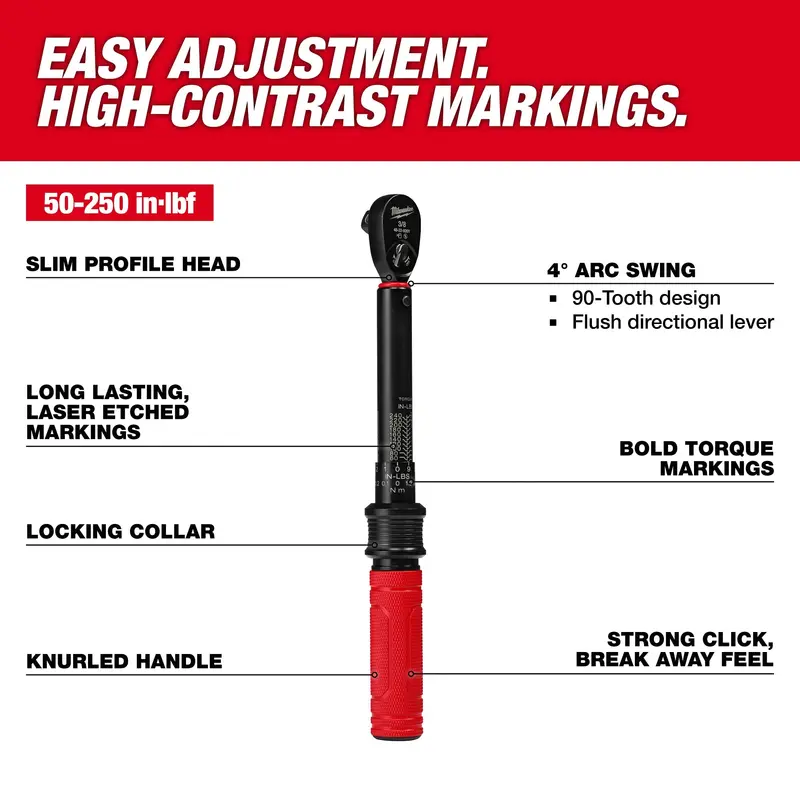 Milwaukee 3/8-Inch Drive Click-Type Torque Wrench – 50–250 In-Lbs Range (48-22-9201) 1