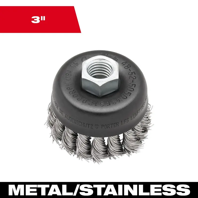 Milwaukee 3-Inch Knot Wire Cup Brush – Stainless Steel, 5/8"-11 Thread, Model 48-52-5050 1