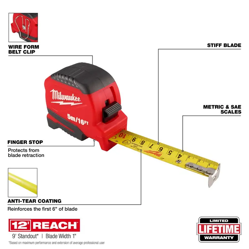 Milwaukee 5-Meter (16-Foot) Compact Tape Measure – Model 48-22-1717 1