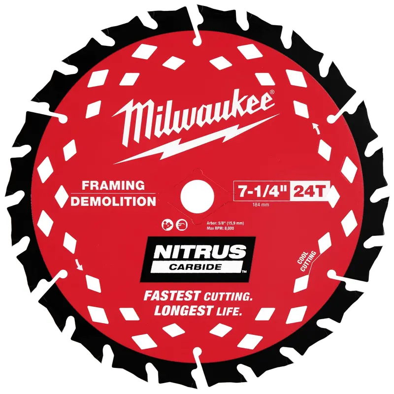 Milwaukee 7-1/4" Nitrus Carbide Circular Saw Blade – 24T Framing & Demolition (Single) (Model 48-40-0750) 1