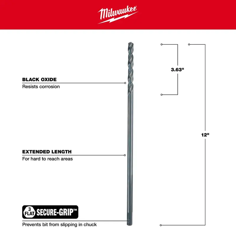 Milwaukee Aircraft-Length Black Oxide Drill Bit — 3/8" X 12", Part #48-89-2774 1