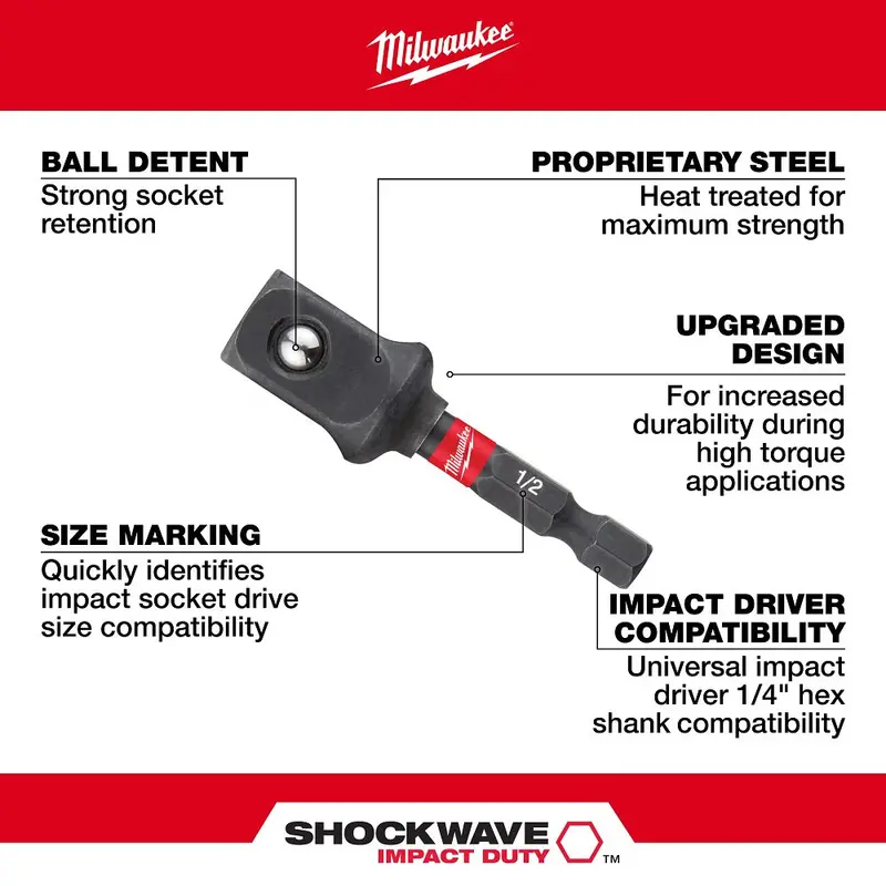 Milwaukee Shockwave 1/4-Inch Hex To 1/2-Inch Square Socket Adapter – Impact-Ready 48-32-5034 1