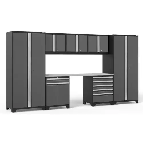 Newage Pro Series 8-Piece Cabinet Collection Including Wall Units, Tool Drawer, Multi-Function Cabinet, Lockers, And 84-Inch Worktop 1