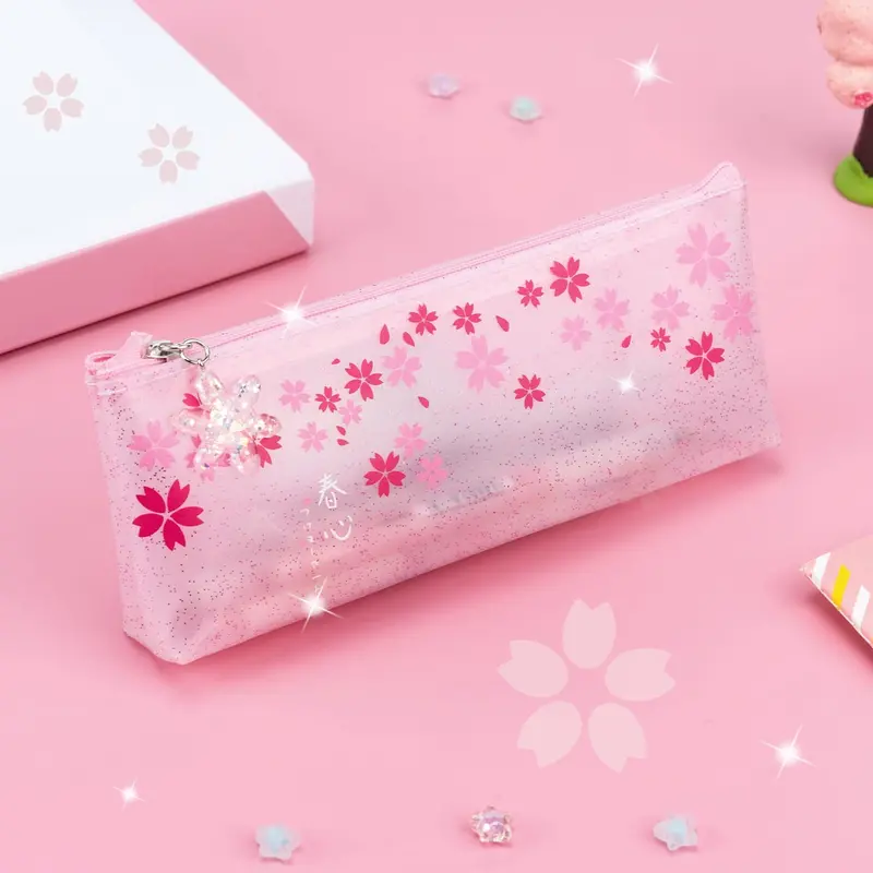 Pink Glitter Sakura Pouch | Transparent Makeup & Stationery Bag 1