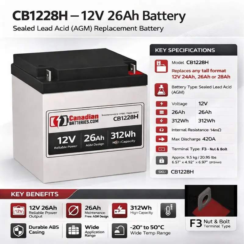 Champion Np26-12 Ups Battery – 12V 26Ah Deep-Cycle Sealed Lead-Acid With F3 Nut-And-Bolt Terminals 1