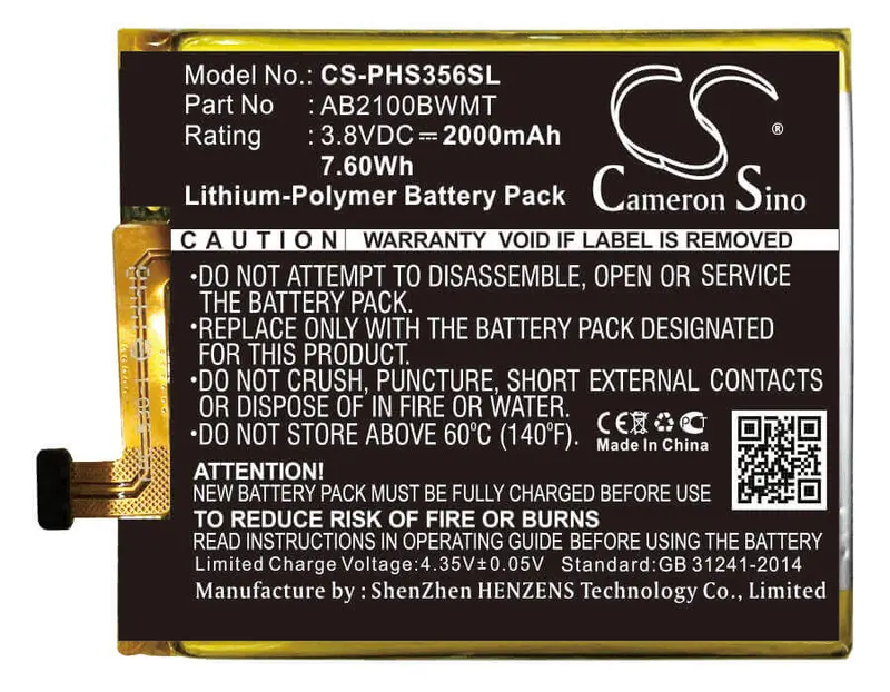 Philips Xenium S356T Smartphone Battery – 3.8V Li-Polymer, 2000Mah, 7.6Wh (Ab2100Bwmt) 1