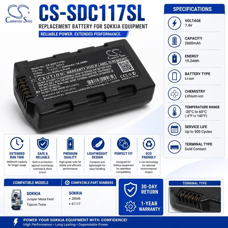 Sokkia & Topcon Field Equipment Battery – 7.4V Li-Ion, 2600Mah, 19.24Wh, Compatible With Juniper Mesa And Tesla Models 1